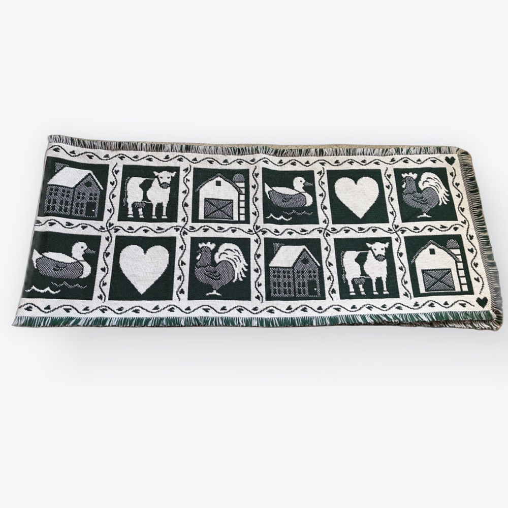 Country Table Runner Green White Barns Roosters Ducks